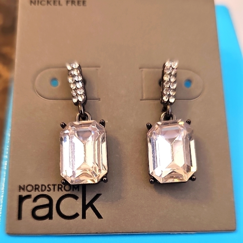 NWT Nordstrom Rack Emerald Cut Stone Drop Earrings Clear Hermatite